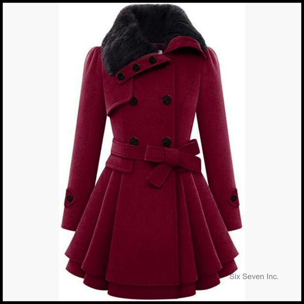 Faux Fur Lapel Wool Trench Coat Winter Warm Double-Breasted Jacket